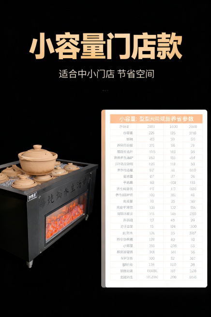 商用养生炖汤炉小容量规格详情图，风格简介大气高端，深色雅黑背景，左侧放小容量产品整体实拍图，右侧放对应小容量型号规格参数，表格清晰工整，保留原有浅橙白配色，文字清晰，主标题为“小容量门店款”，加粗无衬预览效果
