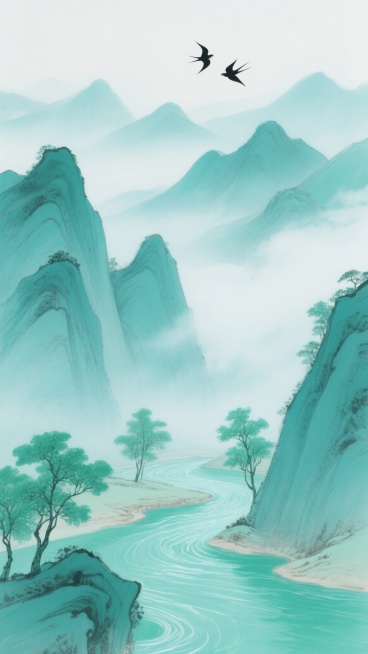 中国传统水墨风格的山水画，整体采用青绿色调，远山近峰以深浅不一的青绿渐变描绘，线条流畅柔和，勾勒出山峦的层叠起伏，山间云雾以淡青色渲染，朦胧缥缈，山脚下蜿蜒曲折的河流呈现出清澈的碧绿色，水面波光粼粼，两岸点缀着几株青绿色的树木，枝干挺拔，枝叶疏朗，天空中两只飞鸟剪影清晰，整体画面清雅宁静，充满东方禅意，构图遵循传统山水画的高远与深远结合，留白恰到好处，营造出悠远空灵的意境。预览效果
