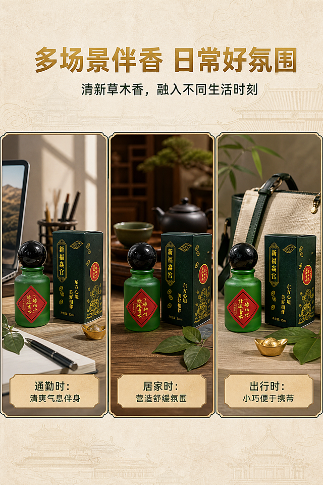 第 6 屏 多场景使用展示屏，严格还原上传产品参考图，精准复刻包装设计、产品配色、LOGO 位置及比例、文字内容及字体、图案元素及细节，无任何偏差，色彩无失真；产品与画面中其他物体的比例遵循真实物理空间逻辑，视觉协调，比例还原 1:1，杜绝比例失衡、视觉突兀；画面比例为 2:3 竖版；三宫格横向版式，顶部留白 10% 放置标题，底部留白 5%，三个场景横向均分，视觉焦点在三个场景的产品展示上，整体对齐工整；传统民俗国风风格，主色调深墨绿 + 米白宣纸色，烫金色点缀；三个场景分别为：通勤办公（桌面摆放香水瓶）、居家休憩（茶桌旁放置香水瓶）、出行随身（包旁放置香水瓶）；每个场景中均自然融入柚子叶装饰、金元宝小摆件、宫殿纹样暗纹背景；产品在各场景中大小比例真实，符合现实空间逻辑；光影为统一的柔和左侧 45° 自然光，三个场景光影色调和谐统一；中文文字内容：顶部主标题 “多场景伴香 日常好氛围”，副标题 “清新草木香，融入不同生活时刻”，三个场景标签分别为 “通勤时：清爽气息伴身”“居家时：营造舒缓氛围”“出行时：小巧便于携带”；所有中文文字使用无衬线简约字体，主标题烫金粗体，副标题深墨绿色，场景标签深墨绿配浅金底色，排版居中整齐，高清 300dpi，无违规表述。
