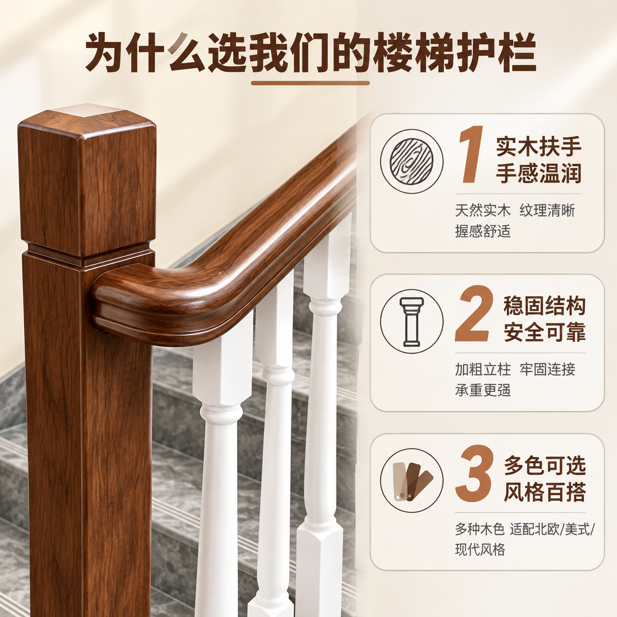 [主图-2] 核心亮点功能说明图，核心任务是展示实木楼梯扶手的… - 图片创意预览