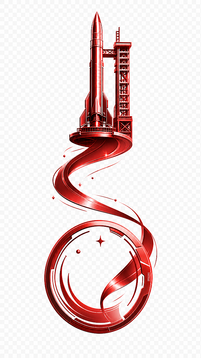 基于参考图进行重新设计：将圆形徽章元素和火箭发射塔架分离开来，火箭位于上方，圆形徽章元素位于下方，两者之间用飘逸的红色丝带连接起来，整体保持红色和红色渐变的主色调，从深红到亮红的渐变过渡，丝带流畅优美，连接上下两个元素，形成垂直构图，科技感与力量感兼具，线条流畅，细节精致，透明背景，PNG元素风格，高质量渲染，立体感强