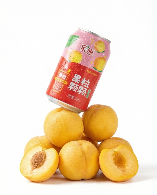 参考前4张图的商业摄影风格，画面下方堆放着带水珠的新鲜黄桃，黄桃上方放置一个立体倾斜的第5张图里的汇源黄桃果粒颗颗易拉罐，易拉罐表面带有水珠，整体为纯白背景，画面清晰质感真实预览效果