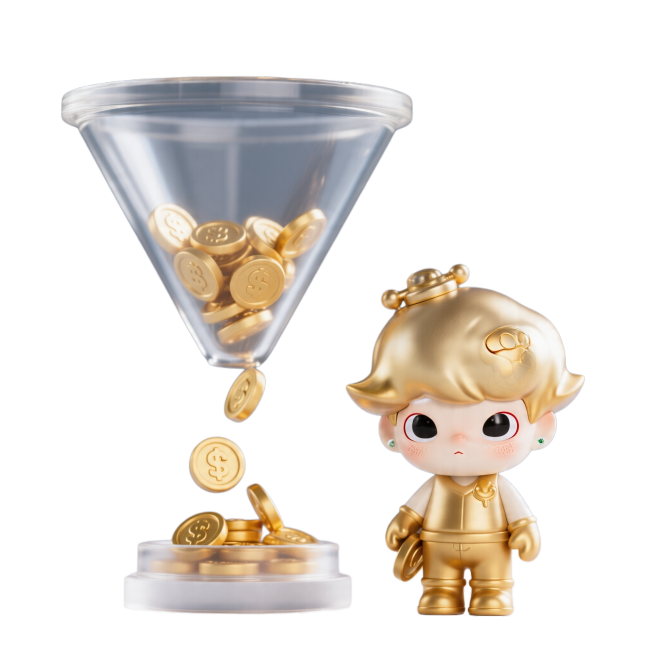 3D潮玩风格，纯色干净背景，透明玻璃漏斗中，金色金币正从上方不断向下漏落，画面简洁干净，质感通透立体。预览效果