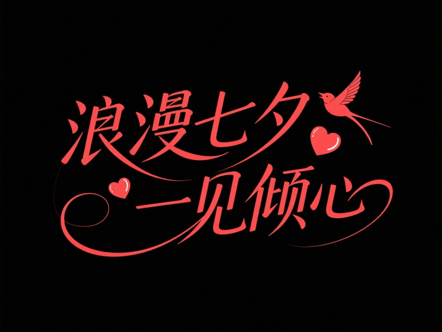 文字“浪漫七夕 一见倾心 ”，文字穿插点缀爱心和喜鹊。高级感，中文字体设计，细长笔画细线条，笔画连笔，衬线体，完美的曲线，黑底红字，强设计感预览效果