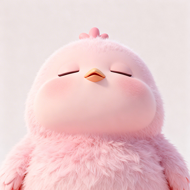 绒毛材质，超现实未来主义，干净简洁极简风格，可爱萌，艺术性，光线追踪，朦胧感，内容简洁，想象力爆表的获奖作品，光影加重，扁平化，胖嘟嘟的鸡脸部特写，闭眼仰头，超可爱粉色小鸡，胖嘟嘟圆滚滚，丑萌呆萌，小眼睛呆呆的，蓬松柔软绒毛质感，大头小身子，柔和温暖光影，细腻高光，浅粉色马卡龙色调，治愈温馨，干净背景，超清8K画质，3D卡通渲染，细节精致