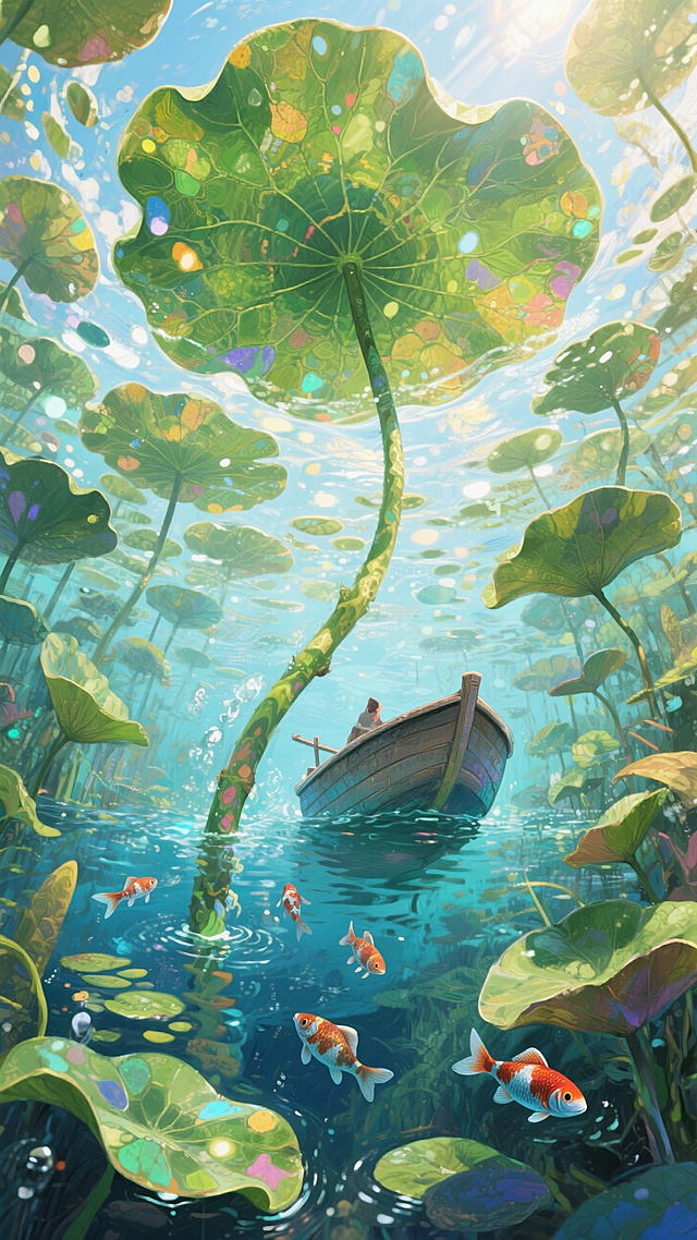 水彩风插画，梦幻清新，虚拟自然中荷叶与金鱼共舞，小舟悠然。