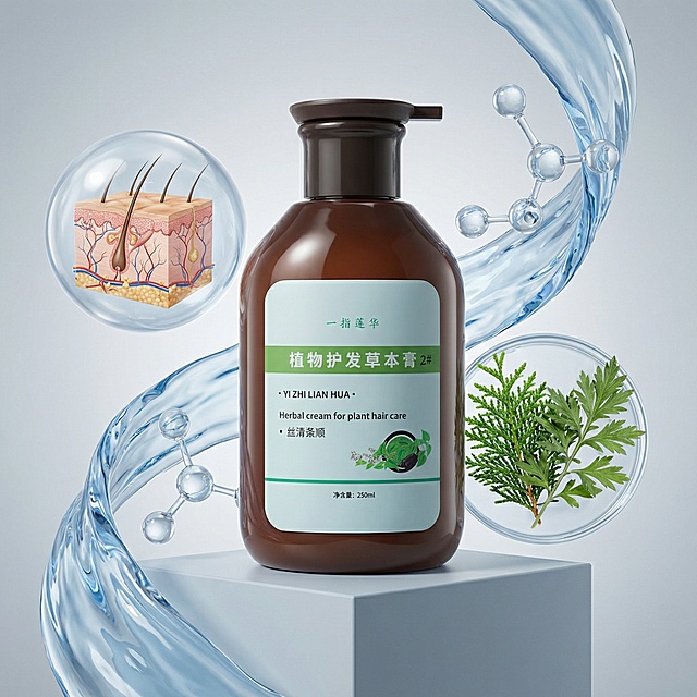 主体为深棕色泵头洗发水瓶身，标签是浅绿底色搭配草本植物图案，置于浅灰色几何立方体台面上。背景是浅灰色渐变，左侧悬浮着透明球体包裹的头皮横截面（含毛囊、毛细血管细节），右侧是培养皿盛放的新鲜侧柏叶 / 艾草枝叶。瓶身周围环绕着流动的蓝色水波纹光效与透明分子结构模型，整体采用冷调柔光灯，营造出通透的玻璃质感与悬浮动态感，融合专业头皮护理与天然植萃的科技氛围。1:1尺寸