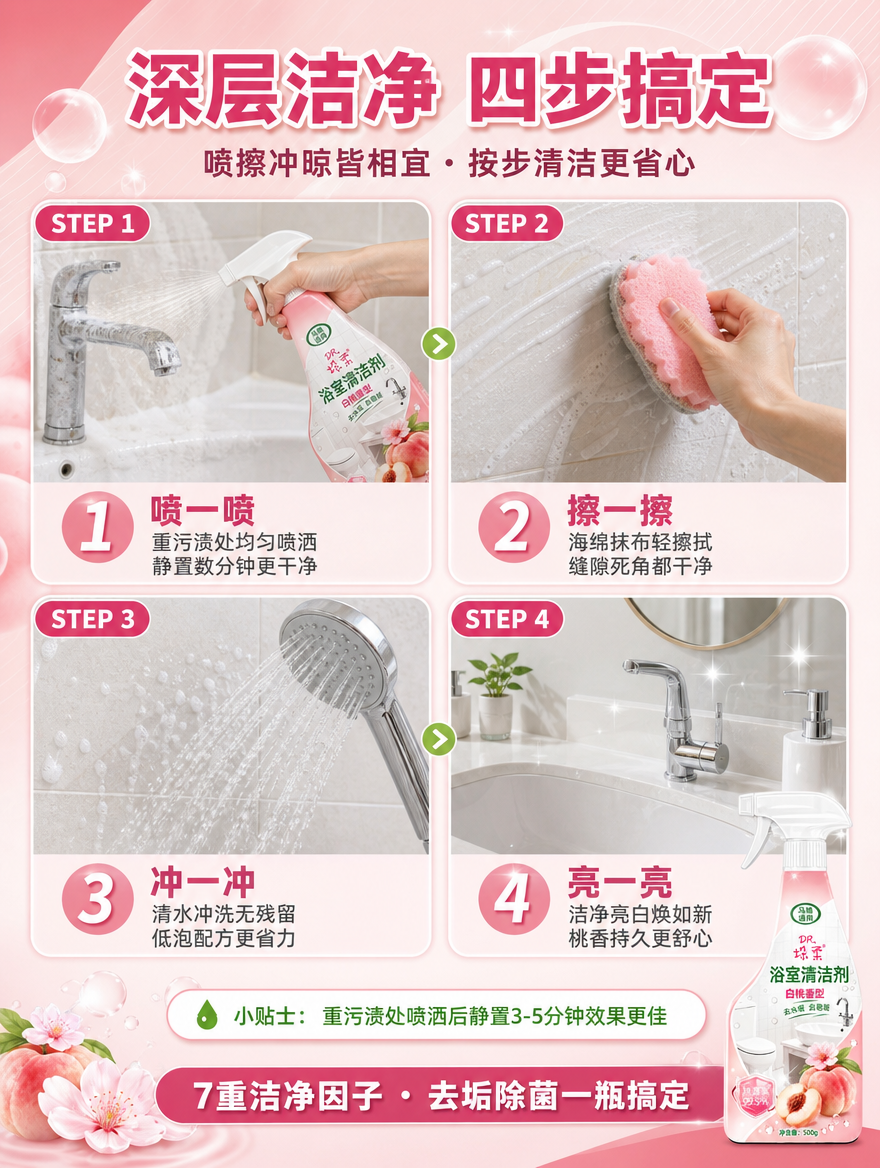 [商品] 使用【图1】垛柔白桃香型浴室清洁剂喷雾瓶；保留瓶身全… - 图片创意预览