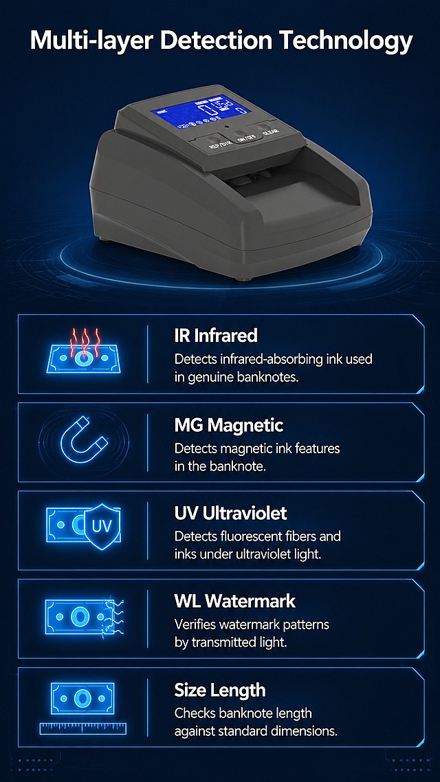 [Detail Page 4] Working principle screen for multi-detection technology. This page needs to explain how detection technologies work together.
[Page function] Explain the combined detection technology to build trust. 
[Atmosphere style] Professional technical explanation style, dark technology background, clear visual explanation. 
[Elements layout] Top half ST-V65 product from [image 2], product consistent with original. Bottom half divided into five detection method units, each unit with technology icon, name and simple working principle explanation. Layout: top product, bottom five technical units, clear separation. Each detection tech is IR Infrared, MG Magnetic, UV Ultraviolet, WL Watermark, Size Length. 
[Lighting quality] Top product soft lighting, bottom technology area high contrast, text clear, overall screen bright and professional. 
[Color matching] Global background #2c3e50, product natural color, each technology unit icon blue #409eff, text white, clear contrast, technology sense strong. 
[Perspective composition] 9:16 vertical layout, top product take 40% height, bottom technology take 60%, clear structure. 
[Text layout] Page title "Multi-layer Detection Technology", each unit: title of technology, one line explanation of how it identifies counterfeits. Text clear, do not cover product. 
[Resolution ratio] 9:16, 4K resolution. 
[Negative prompt] Product deformation, text confusion, wrong technical description, Chinese characters, watermark, messy layout.
