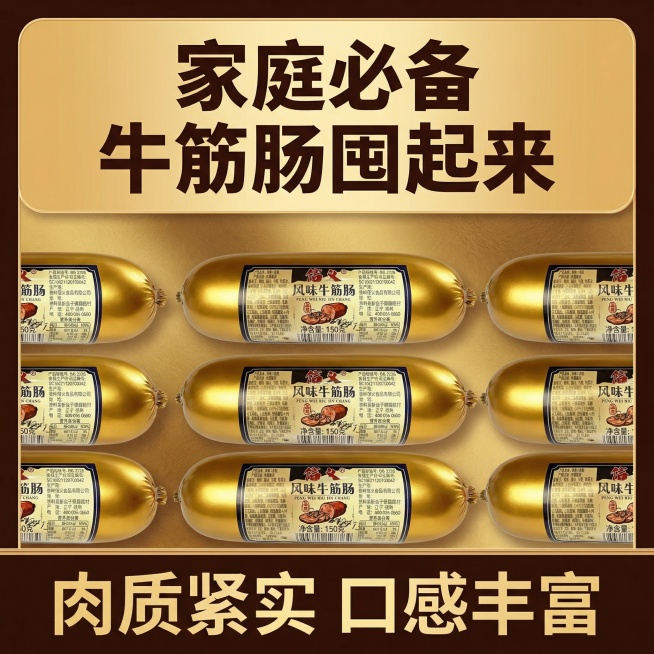我的产品是牛筋肠，帮我做10张主图产品堆积起来突出产品多预览效果