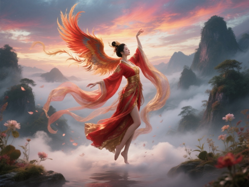 这位由凤凰幻化而成的身着红金服饰的中国古代绝美女子，优雅地在场景中移动着。她迈着轻盈的步伐，仿佛每一步都踏在云端之上，身姿婀娜，尽显高贵与典雅。她那长长的衣袖如灵动的翅膀般在她周围飘动着，随着她的动作预览效果