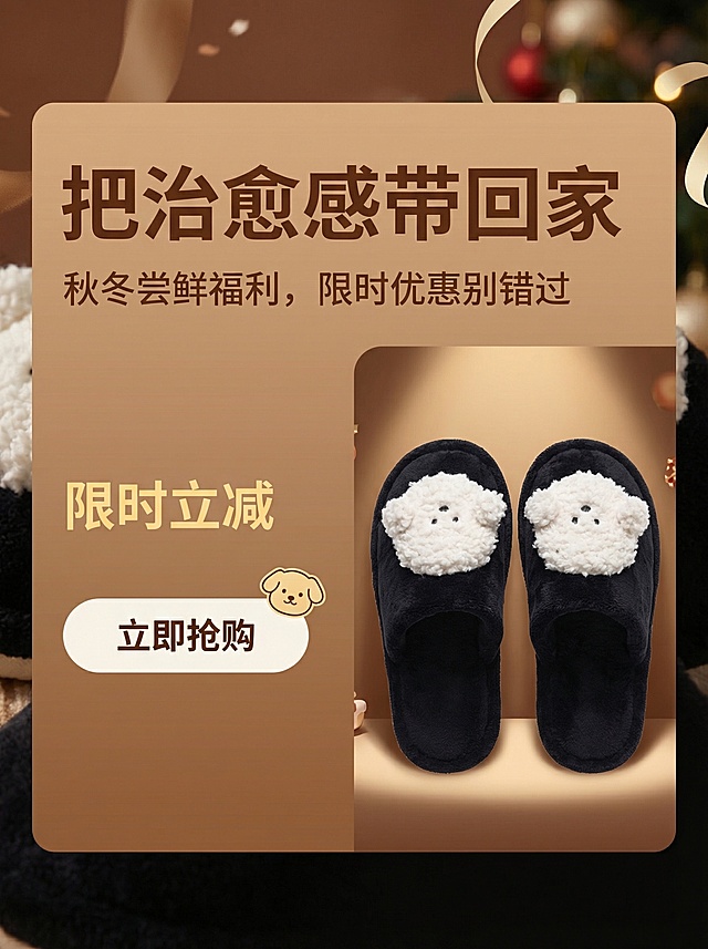 电商转化引导图，比例3:4，暖棕+奶黑为主色调，米白+浅金为辅助色。文字、优惠信息、行动按钮居中对齐，主标题「把治愈感带回家」字号26px，副标题「秋冬尝鲜福利，限时优惠别错过」字号18px，优惠信息用浅金加粗20px标注「限时立减」，下方180×50px米白圆角行动按钮标注「立即抢购」，按钮与文案间距20px。右侧40%区域摆放两只同款棉拖鞋，正面朝向镜头突出小狗装饰，暖光打向产品，小狗简笔画点缀按钮右侧。氛围热闹有吸引力，保留萌感，突出行动指令。分辨率2K。