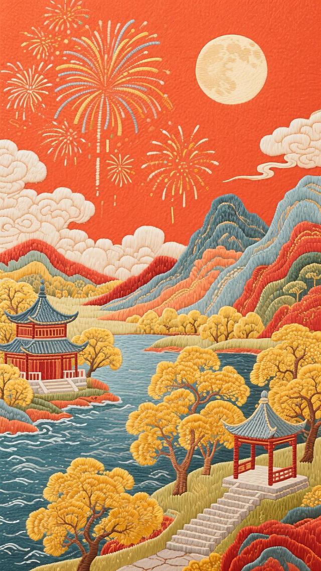 红橙色背景中有烟火、圆月、云彩，下方有橙色、红色、金色的山峦层层叠叠、蜿蜒的河流、中式楼阁与小亭、金黄树木、石阶小路