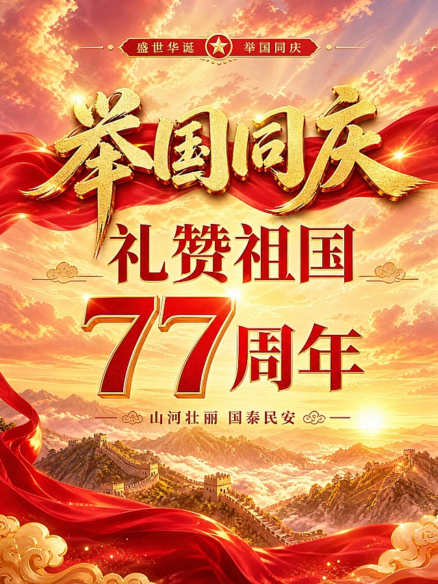 国庆节主题海报，竖版3:4比例。参考图的版式骨架与红金大气氛围，替换文案为国庆77周年主题。

【画面结构】
- 顶部：节日主题小标栏
- 中部：三层标题居中排列，层级分明
- 底部：壮丽山河远景，云海霞光
- 装饰：红色飘带、祥云、金色光芒

【文案内容，必须完整呈现】
- 第一行主标题（最大号金色立体字）："举国同庆"
- 第二行标题（次大号）："礼赞祖国"
- 第三行（醒目大号数字）："77周年"
- 底部装饰小字："山河壮丽 国泰民安"

【视觉风格】
- 中国红与金色为主色调，喜庆庄重
- 背景：霞光满天的天空，层叠云海
- 远景：连绵山川、长城轮廓，日出金光
- 前景：红色绸缎飘带轻盈飞舞
- 整体：恢弘大气、盛世庆典氛围
- 国风新中式风格，精致细腻

【约束】
- 所有文字清晰可读，数字"77"精确渲染
- 排版精美，四周留安全边距
- 画面元素均为节日相关装饰，无其他无关内容