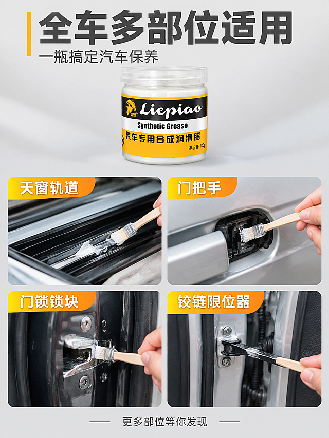 [商品] 使用【图1】汽车专用合成润滑脂100g透明罐装；保留透明罐身、白色膏体、黑黄配色标签、鹰头Logo、"Liepiao"英文、"Synthetic Grease"英文、"汽车专用合成润滑脂"中文、"净含量100g"字样；产品外观与输入图完全一致。
[画面] 页面目标：多场景适配展示，证明产品适用范围广。构图：上方标题区+中间产品图+下方2×2四宫格场景图；产品位于画面中上部居中，占画面约25%，正面摆放；下方四宫格每格为一个汽车部位使用实拍场景，每格上方带黄橙色渐变标题标签；左上：汽车天窗轨道涂抹润滑脂场景；右上：汽车门把手机构涂抹场景；左下：汽车门锁锁块保养场景；右下：车门铰链限位器保养场景；每个场景都有小毛刷或木签涂抹白色润滑脂的动作；背景为浅灰色；整体景别为全景，阅读动线从上至下。
[视觉] 套系策略：风格=写实商业产品摄影+抖音电商带货风；标题字=粗黑无衬线粗体；正文字=简洁无衬线体；主色=黑黄配色（源自产品标签）；背景延展=基于浅灰做深浅层级和细腻质感；强调色=亮黄色+橙黄色渐变，用于标题标签、图标；标题色=深灰色；正文色=深灰色+白色（标签内）；组件=黄橙渐变圆角标签、四宫格分割线、黄色图标；光影=均匀柔光，场景真实自然。
[文字] 顶部主标题："全车多部位适用"，深灰色粗体，左侧黄色竖条装饰；主标题下方副标题："一瓶搞定汽车保养"，浅灰色小字；四宫格每格上方标签文字：左上"天窗轨道"、右上"门把手"、左下"门锁锁块"、右下"铰链限位器"，均为白色粗体字在黄橙渐变标签上；四宫格底部小字说明："更多部位等你发现"。所有文字横排，清晰可读。
[规格] 图片比例3:4竖版，2K高清，避免变形、错字、文字过小、场景虚假、操作不真实、膏体颜色错误、排版歪斜、水印、平台Logo。