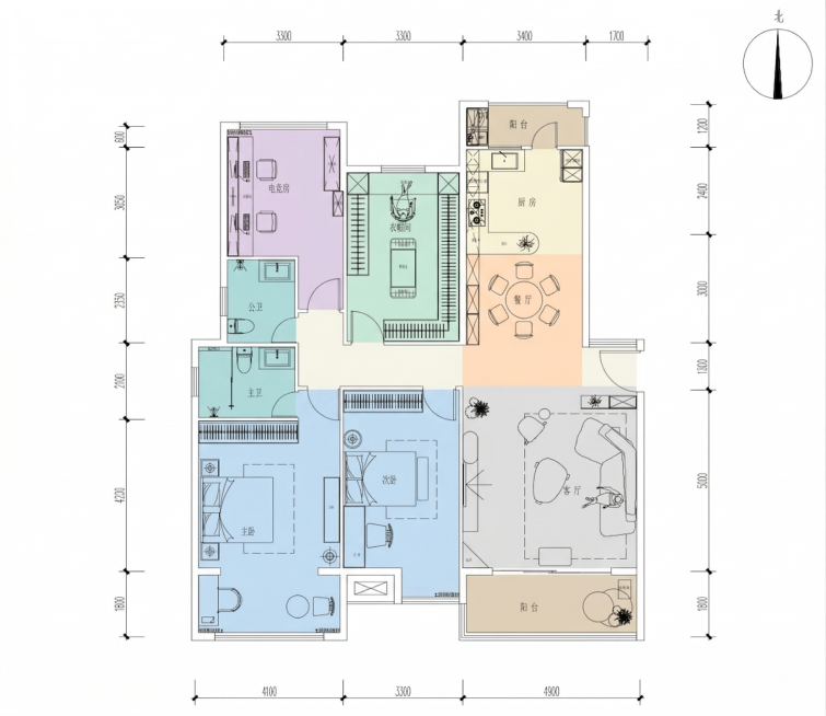 基于这张户型图，生成带有颜色标注的功能分区图，每个功能区域用不同的柔和色块填充，保留原有的尺寸标注、文字标识和户型线条，区分清楚主卧、次卧、电竞房、衣帽间、公卫、主卫、厨房、餐厅、客厅、阳台等区域，整预览效果