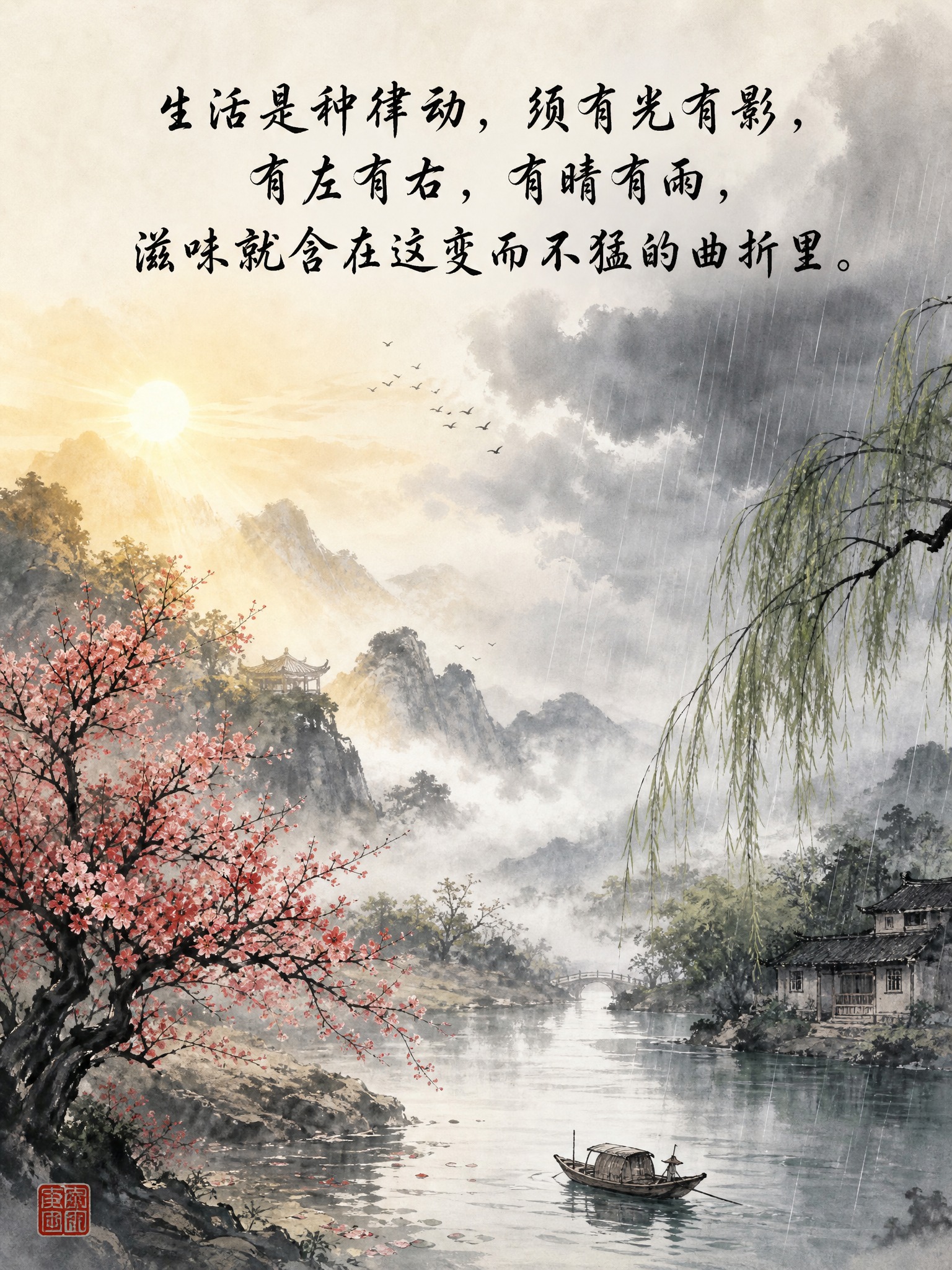 国风意境早安日签图，竖版3:4构图，水墨东方美学风格。画面上方… - 图片创意预览