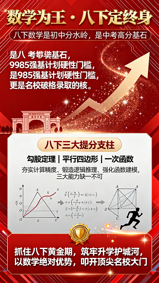 八年级下册数学重要性宣传海报，高端升学教育风，大气权威，文字饱满，视觉层次丰富。主色改为大红色底鎏金色，辅助色为白色、浅灰，高端喜庆。从上至下布局：顶部主标题"数学为王・八下定终身"，加粗商务宋体，金色描边，科技光效线条背景。核心价值区重磅文字："八下数学是初中分水岭，是中考高分基石，是 985 强基计划硬性门槛，更是名校破格录取的核心筹码。数学单科实力，直接决定升学上限。"搭配名校校门剪影、星光粒子、上升趋势箭头。视觉中心重点知识模块区，标题"八下三大提分支柱"，文字"勾股定理｜平行四边形｜一次函数"，说明文字"夯实计算精度、锻造逻辑推理、强化函数建模，三大能力缺一不可"，搭配几何图形、函数曲线、公式线条、几何辅助线元素。底部升学标语区文字"抓住八下黄金期，筑牢升学护城河，以数学绝对优势，叩开顶尖名校大门"，搭配勋章图标、奔跑剪影、光效点缀。标题用商务宋体，正文用粗黑体，排版紧凑有序。背景是科技几何线条加红色渐变底纹，质感高级，文字信息饱满，重点突出，升学导向强烈。