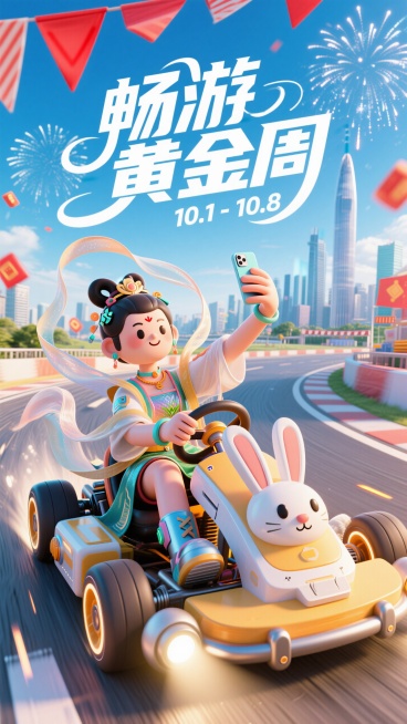 大师级排版设计，字体标志"畅游黄金周"，装饰日期：“10.1-10.8”；创意字体设计，线条流畅且富有艺术感，将字体进行抽象变形，创造出独特的节奏和动感，给人以强烈的视觉冲击。流畅扁平字，白色文字，高预览效果