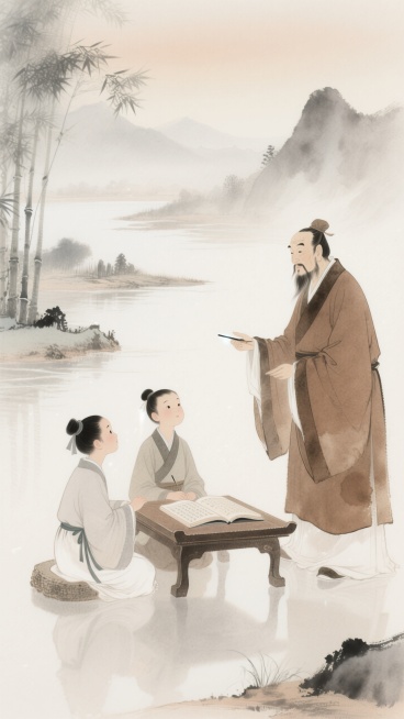 中国古风教师节插画：主体为着棕色长袍的古代学者（似孔子）温和授教，两汉服学童围立书卷小桌旁，专注聆听。

构图以 “前景人物 + 背景山水” 分层，显主次空间。背景是淡雅水墨山水，远山、河流、竹林交织预览效果