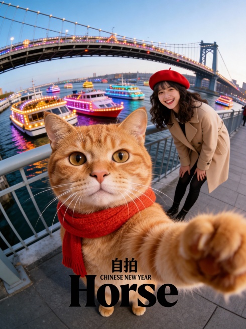 画面底部正中央排版着黑色的粗体小写英文单词“Horse”，字体风格复古且具有设计感，其上方紧随极其微小的无衬线英文“CHINESE NEW YEAR”。画面采用极具冲击力的超广角鱼眼镜头“自拍”视角。预览效果
