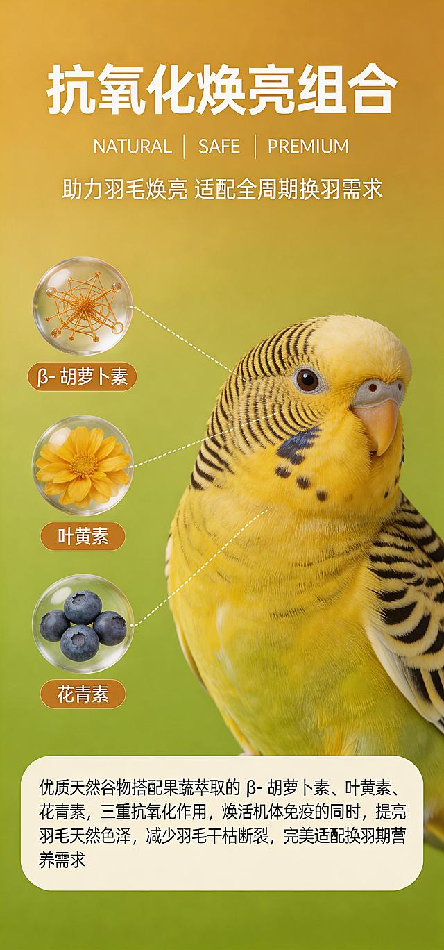 商用级竖版电商详情页第五屏抗氧化组合卖点，全系列统一视觉规范，低饱和焦糖暖黄与森系橄榄绿从上至下柔和双色线性渐变背景，细腻哑光特种纸质感，色彩过渡自然无断层、无杂色、不沉闷，45°柔和侧光，光比1:1.5，无硬阴影、无明暗强反差、无炫光过曝，版心左右边距80px、上下安全留白120px，居中预留大面积纯白哑光留白区域，8K超高清，电影级柔和光影，商用级画质，极简复古轻奢高级感，禁止出现任何与主色调不符的高饱和色彩，无水印、无多余杂乱元素。高端宠物商业摄影 + 3D渲染结合风格，影棚级柔和侧光光影，画面干净通透，8K超高清。画面顶部居中排版：超大加粗米白色主标题"抗氧化焕亮组合"，标题下方居中排列三个用细竖线分隔的细体米白色英文标签"NATURAL""SAFE""PREMIUM"，再下方居中放置米白色细体副标题"助力羽毛焕亮 适配全周期换羽需求"。画面右侧主体为一只虎皮鹦鹉的半身特写，羽毛蓬松有光泽，神态温和，侧脸看向镜头；画面左侧为三个垂直排列的3D渲染透明分子球体，通过米白色虚线连接至鹦鹉羽毛区域，每个球体下方搭配焦糖暖黄圆角矩形标签，从上到下依次为：球体内部为橙金色分子结构，标签文字"β- 胡萝卜素"；球体内部为万寿菊提取物，标签文字"叶黄素"；球体内部为新鲜蓝莓，标签文字"花青素"。画面底部为米白色圆角矩形说明框，框内为深灰色细体文字："优质天然谷物搭配果蔬萃取的 β- 胡萝卜素、叶黄素、花青素，三重抗氧化作用，焕活机体免疫的同时，提亮羽毛天然色泽，减少羽毛干枯断裂，完美适配换羽期营养需求"。卖点指向清晰，视觉关联明确，符合高端鹦鹉粮电商详情页设计标准。避免：色偏、色差、高饱和色彩、硬阴影、明暗反差过大、逆光顶光、杂乱元素、多余装饰、水印、乱码文字、颗粒感不一致、画质模糊、风格跳脱、反光过强的亮面材质、羽毛细节缺失、狗狗、猫、泪痕相关内容、logo变形变色。