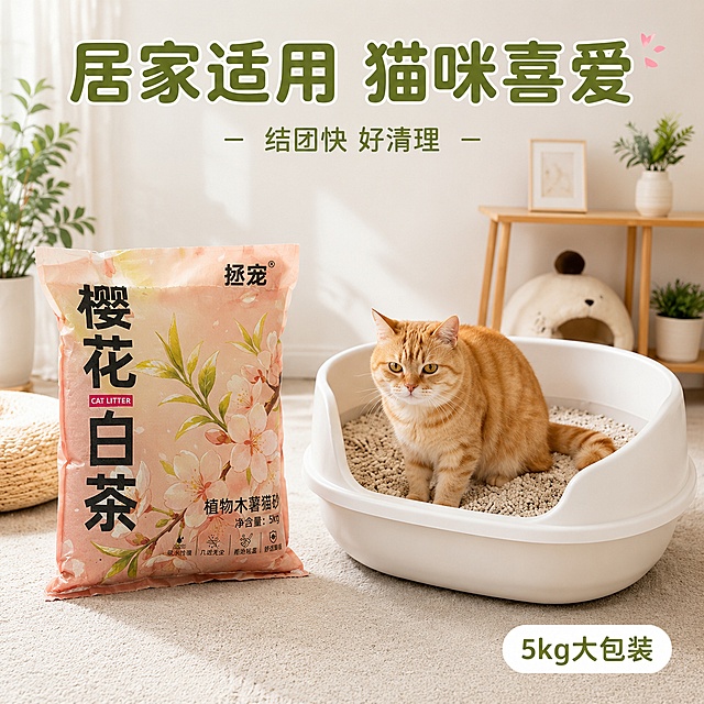 [主图-4] 樱花白茶猫砂居家使用场景展示
[氛围风格] 温馨自然居家风
[画质] 真实温馨生活场景摄影，画质通透
[元素] 浅色客厅居家场景，一只橘色猫咪安静坐在白色猫砂盆中，猫砂盆内铺设本品猫砂，能清晰看到白色猫砂混合黑色除味颗粒。前景左侧完整展示本品猫砂包装袋，保持产品外观与原图一致。背景布置简约木质置物架和绿植，自然温馨，不抢主体
[光影] 柔和自然光从侧窗射入，整体光影温暖通透，猫咪和产品清晰明亮
[配色] 浅米白居家基底，浅绿点缀，产品包装浅粉色自然融合，温馨舒适
[视角构图] 平视生活化视角，前景产品，中景猫咪和猫砂盆，背景家居，景深合适，层次清晰
[文字版式] 顶部大字标题"居家适用 猫咪喜爱"，深绿色粗体，下方小字"结团快 好清理"，风格和首图统一。右下角小圆角标签"5kg大包装"，白色底绿色字
[比例分辨率] 1:1比例，2048*2048，4k分辨率
[负向提示词] 变形，文字错乱，产品模糊，背景杂乱，水印，电商平台Logo