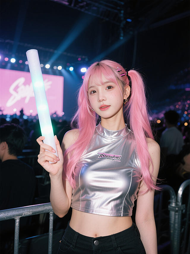 霓虹灯下，粉色双马尾少女手持荧光棒，银色上衣闪耀，尽显潮流甜美动漫风。