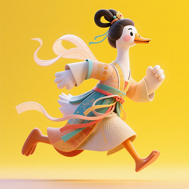 （嫦娥服饰和发型）的拟人化鹅形象在奔跑，动态感强。黄色背景
