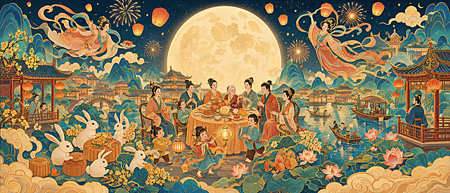 国风工笔风格的中秋主题长卷插画，画面用热闹温暖的笔触，将中秋团圆、习俗与神话意象融合在同一个月夜场景中。画面中心是一轮巨大的满月，月光洒在亭台楼阁间，核心位置描绘一家人围坐赏月共享家宴的阖家团圆场景；画面左侧有灵动玉兔，搭配月饼、桂花元素；画面上方有衣袂飘飘的飞天仙女，呼应嫦娥奔月传说；夜空飘着孔明灯、绽放着烟花；画面里摆放着茶具，柿子、石榴、梨等时令水果，还原家人围坐赏月品茶吃团圆饭的传统习俗；画面中间有孩童提着花灯嬉闹；右侧水面上人们乘舟赏荷观景，还原古代中秋夜游习俗，右侧亭台有对月抒怀的古人；整体以暖橙金黄为主色调，搭配青蓝色的山水与夜空，冷暖对比鲜明，营造夜晚温馨感；采用对称式长卷构图，左右亭台、山水、仙女呼应，保留传统国画意境，扁平化线条和色彩呈现现代国风插画风格，融合文人诗意、阖家温情与浪漫神话，传递节日喜悦与美好祝福，参考上传图片的风格，保留相同的暖色调和国画风。