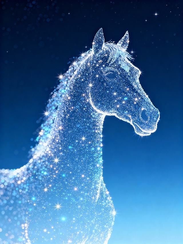 创作一幅星空粒子构成的鹿头剪影插画，细节如下：
主体内容为马头的侧身剪影，完全由闪烁的星光粒子（含细小光点，点缀小星芒）组成，轮廓的粒子排列清晰；
场景设定为深蓝渐变背景（模拟夜空质感），色调统一且突出粒子的明亮效果；
