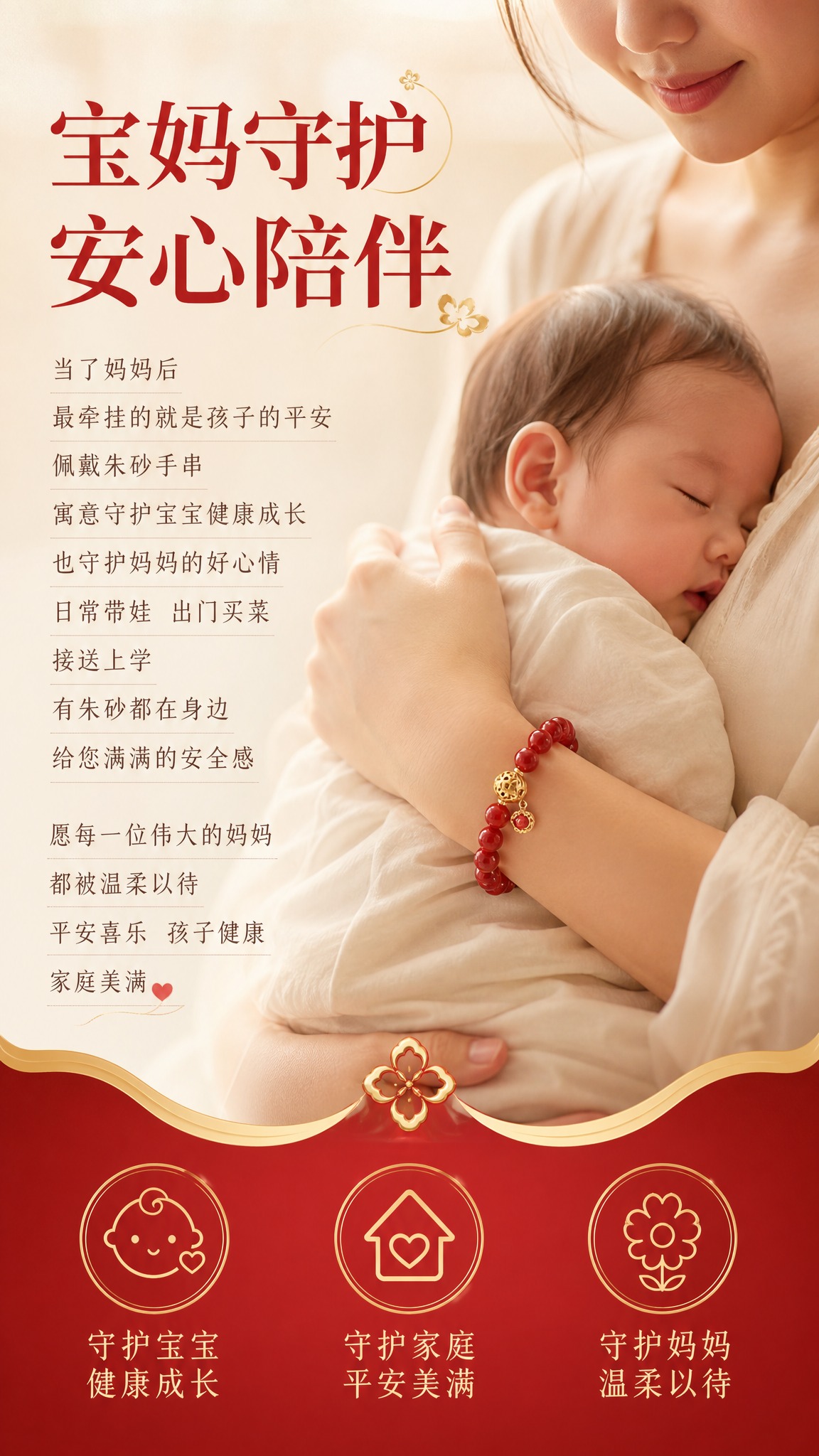 电商详情页宝妈人群功能卖点图，年轻妈妈佩戴朱砂手串，温柔抱着宝… - 图片创意预览