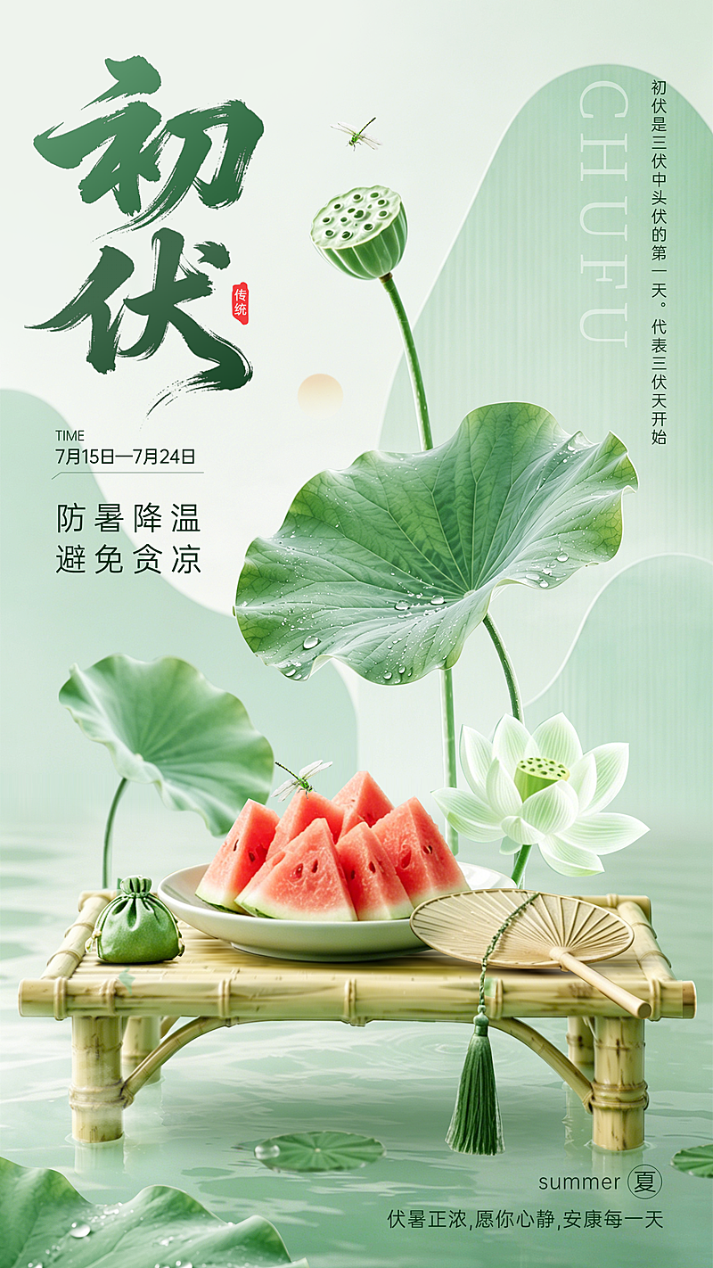 三伏天初伏问候祝福清新中国风宣传竖版海报