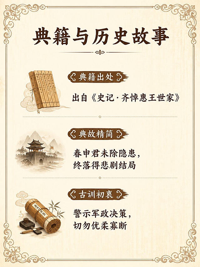 [第3屏] 典籍出处与历史典故板块，整体古风体系设计。
[氛围/风格] 传统国风，浅米黄宣纸质感背景，搭配淡淡的竹简纹理，淡雅古韵，清晰雅致的知识科普卡片风格。
[元素布局] 顶部放板块标题，上半部分放典籍出处，中部放典故精简介绍，下半部分放古训初衷；四周保留浅棕色卷草纹边框，元素分区排版清晰不拥挤。
[光影质感] 整体均匀柔和光线，无明显阴影，文字清晰锐利。
[配色色系] 全局底色 #F5F0E1，主色深棕墨色，辅助色浅棕纹理和边框。
[文字版式] 顶部标题「典籍与历史故事」，大号字体居中；典籍出处「出自《史记·齐悼惠王世家》」，次字号；典故精简「春申君未除隐患，终落得悲剧结局」，正文字号；古训初衷「警示军政决策，切勿优柔寡断」，正文字号；所有文字清晰，单行不超过21字，差异化改写不重复原文，排版清爽。
[比例分辨率] 3:4竖版比例，4K分辨率，高清画质，文字清晰可辨。
[负向提示词] 文字错乱，文字过小，文字变形，水印，背景杂乱，颜色偏差，结构错误。