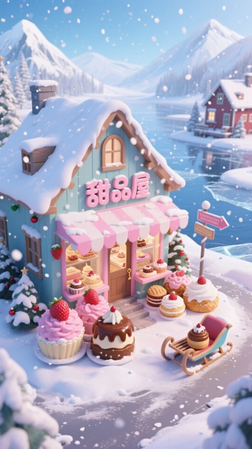 画面以雪天、雪山与冰湖映衬的北欧小镇为背景，中央是一家 “甜品屋”，鸟瞰镜头，门口堆着各类不同样式（粉色草莓慕斯、棕色焦糖布丁、白色奶油泡芙）的甜品，搭配飘落的雪花。甜品屋旁停着雪橇、立着圣诞路牌。预览效果