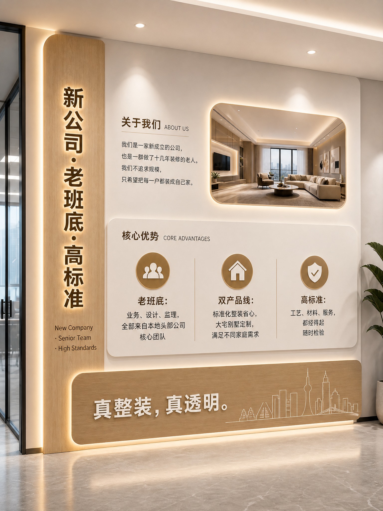 参考图版式复刻：现代企业形象文化墙海报，左侧原木色竖条立柱配竖… - 图片创意预览