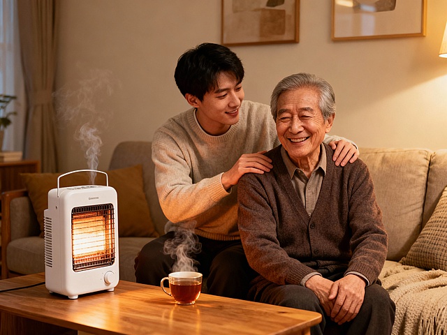 居家客厅场景：暖色调灯光下，年轻人为老人按摩，桌上放同款取暖器与茶杯，温馨日常感