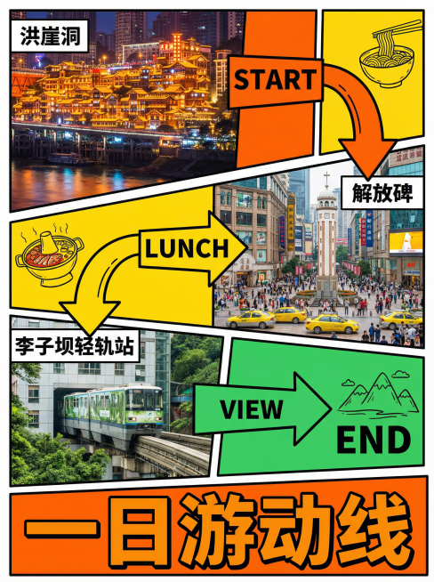 结合重庆旅游景点图，生成一份中文版重庆旅游攻略，标题“重庆citywalk一日游”，色彩鲜艳，图片写实。使用香蕉2.0，图片比例3:4。预览效果