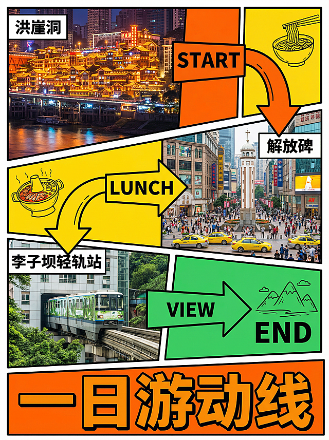 漫画风拼贴插画，融合实景城市风光与国潮元素，以光影感与现代感呈现重庆一日游动线，串联洪崖洞、解放碑、李子坝等景点，营造热闹故事感与视觉冲击力。