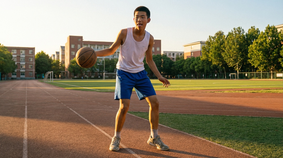 将线稿完善为摄影写实风格，人物为中国高中生，在室外开阔的操场，初夏下午5点，男生吐舌头，人物保持原有的动作姿态和角度不变，阳光照亮了男生左半边身体预览效果