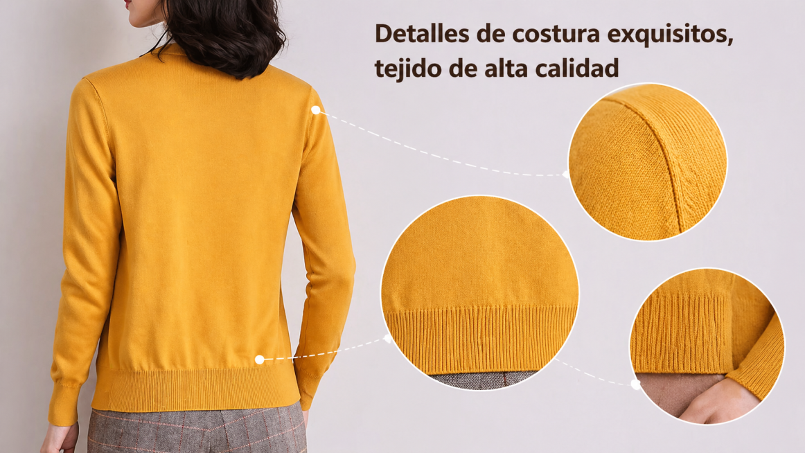 Show the back details of this mustard yellow solid color V-neck long sleeve thin knitted cardigan wo预览效果