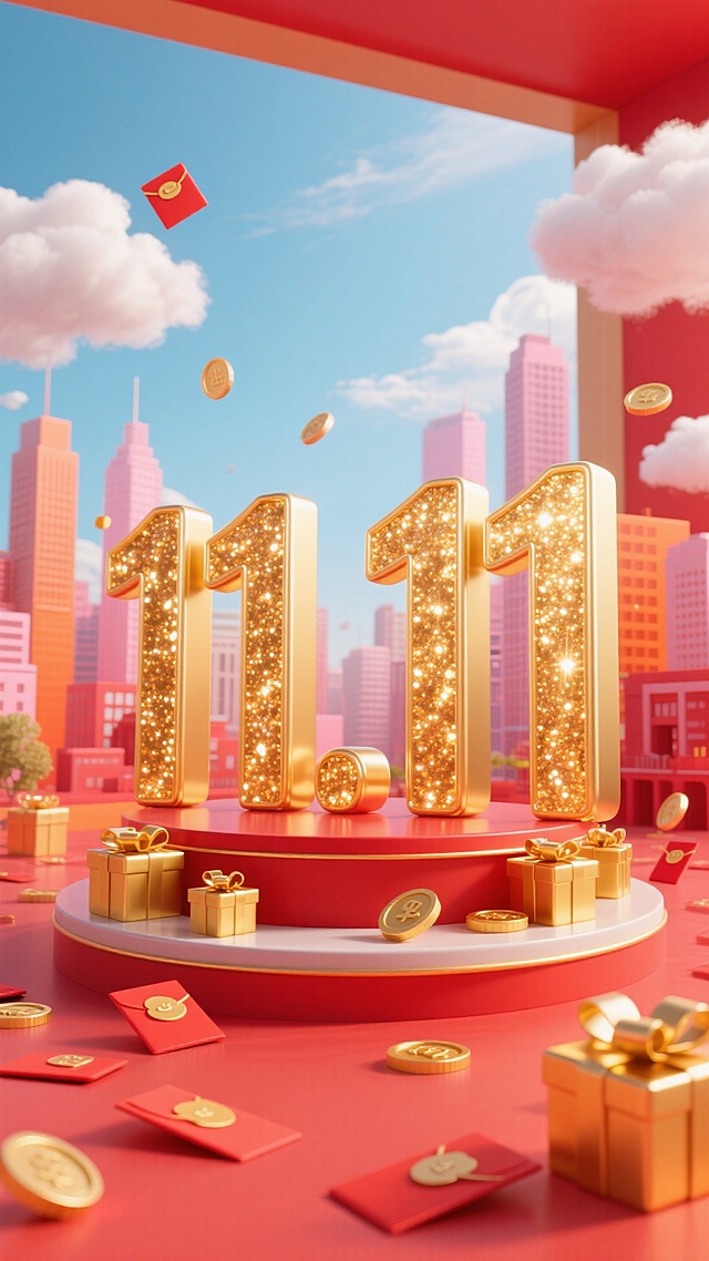巨大的金色 “11.11” 立体数字立在带有红色装饰的圆形展台上，周围有金色礼盒，点缀红包、金币等元素，背景天空、云朵，城市建筑群在后方若隐若现，大量红色搭配粉、橙、蓝为主色调，红色地面，促销氛围