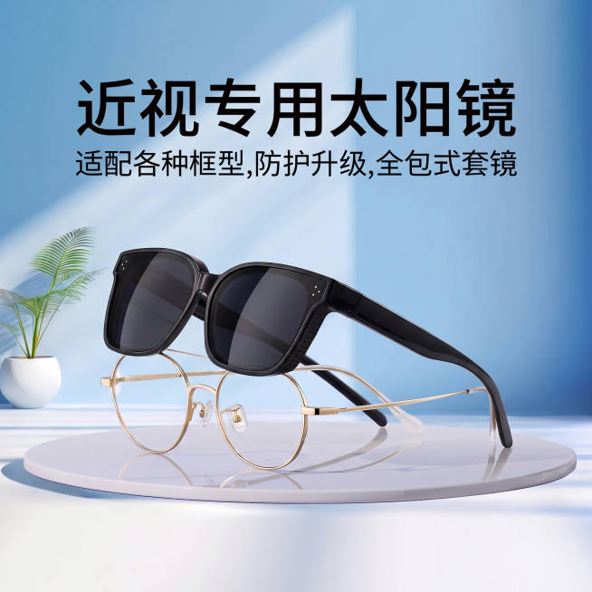将当前裁剪放大的局部图修复为完整的近视专用太阳镜海报，保留黑色眼镜、浅蓝色背景、圆形台面、绿植以及完整文案“近视专用太阳镜 适配各种框型,防护升级,全包式套镜”，高清写实商业风格，比例1:1预览效果