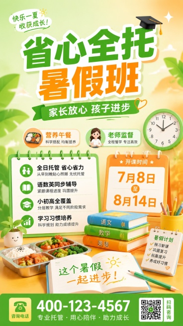 一张9:16竖版省心全托暑假班海报，色彩明亮活泼风格，主标题"省心全托暑假班"，副标题"家长放心 孩子进步"，装饰文案"营养午餐""老师监督"，卖点清晰列出：全日托管省心省力，语数英同步辅导，小初高全预览效果