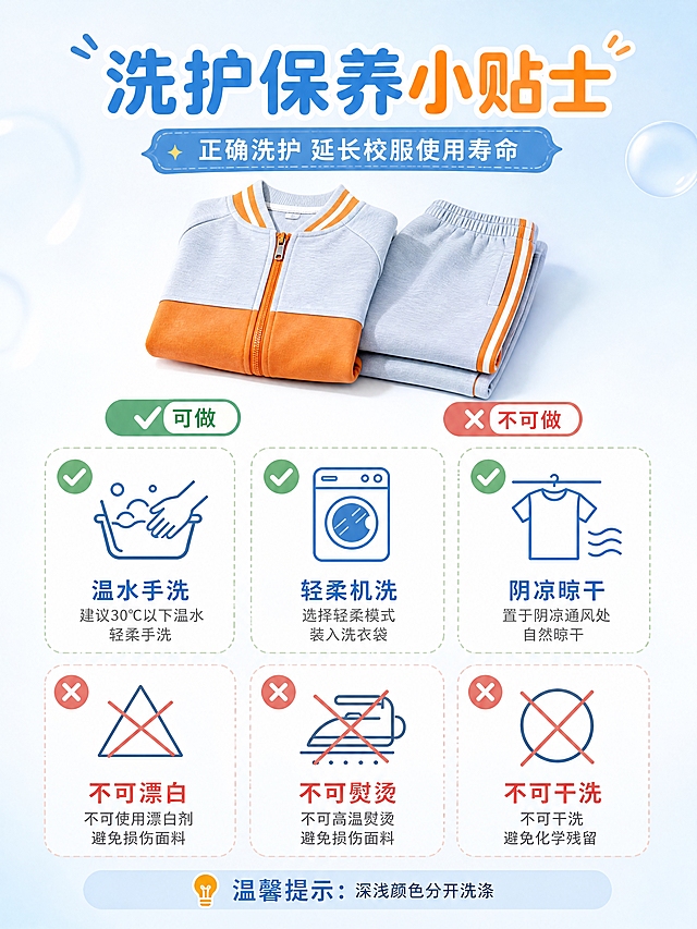 [第10张] 洗护保养说明页-校服洗护注意事项。本张使用【图4】作为校服小图参考。
[氛围/风格] 温馨实用风，图标化展示，亲切易懂。
[元素布局] 画面顶部展示折叠整齐的校服小图，占比约25%；中下部用左右两栏或四宫格展示洗护注意事项，每项配简约线性图标和文字说明；分为可做和不可做两类，如可机洗、可手洗、不可漂白、不可高温熨烫等；校服颜色与输入图一致；背景为浅蓝到白色渐变。
[光影质感] 均匀柔光，图标清晰锐利，整体明亮温馨。
[配色色系] 全局底色 #F5F9FF 浅蓝白渐变；主色蓝色#4A90D9 + 橙色#FF8C2A；辅助色白色、绿色对勾、红色叉号。
[视角构图] 上产品下信息的上下构图，四宫格图标整齐排列。
[文字版式] 顶部主标题「洗护保养小贴士」，副标题「正确洗护 延长校服使用寿命」；下方六个图标卡片分别为：温水手洗、轻柔机洗、阴凉晾干、不可漂白、不可熨烫、不可干洗；每个图标配4-6字说明；底部小字「温馨提示：深浅颜色分开洗涤」；文字清晰易读。
[比例分辨率] 3:4 竖版比例，宽度1200，高度1600，4K分辨率，文字清晰可辨，高清画质。
[负向提示词] 图标模糊，文字错乱，水印，校服变形，颜色偏差。