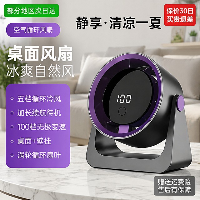 [单张主图] 桌面空气循环风扇，京东爆款促销感主图，保留原有所有核心卖点文字：空气循环风扇 静享清凉一夏 桌面风扇 冰爽自然风 五档循环冷风 加长续航待机 100档无极变速 桌面+壁挂 涡轮循环扇叶，去除左下角红色京喜自营包邮文字，保留紫色卖点框整体布局不变。在左上角添加绿色底白字部分地区次日达，右上角添加红色底白字保价30日买贵退差，右下角添加灰色底白字赠送运费险售后有保障。保持风扇产品外观、枪灰色机身、紫色内圈扇叶、数字显示屏结构与输入产品图保持绝对一致，杜绝任何变形和色差，精细化处理。更换背景为现代简约客厅场景，浅灰色布艺沙发搭配浅大理石桌面，背景自然虚化，突出风扇主体产品。产品主体在画面中心偏右占比约65%，原有卖点文字保留合理排版，信息层级分明，文字不遮挡产品主体关键区域。光影：自然光从侧面射入，主光柔和明亮，辅光补充产品暗部细节，塑料机身质感真实，紫色内圈清晰均匀，数字显示屏亮泽自然，阴影过渡自然，整体通透干净有品质感。配色：主色调为产品枪灰色+紫色内圈，保留原有配色，客厅背景浅灰+米白，整体清新干净，文字清晰醒目，所有文字清晰可读，字号对比分明。1:1比例，2k分辨率，文字清晰可辨，超高清。负向提示词：变形，文字错乱，产品图模糊，背景杂乱，水印，电商平台Logo，主体遮挡，错字，多余文字
