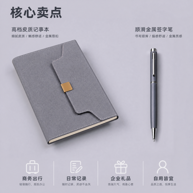 [主图-2] 淡素灰笔记本钢笔礼盒核心卖点展示；氛围风格为简约实用商务风；画质要求商业摄影质感、光线柔和通透、产品清晰真实、画面干净高级；礼盒内笔记本和钢笔取出平铺展示，左侧笔记本特写皮质封面，右侧钢预览效果