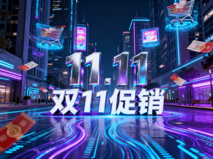 未来科技感双11促销海报，霓虹赛博朋克风格，城市街道场景，高楼大厦林立，全息投影广告闪烁，悬浮的购物车和优惠券在街道上空漂浮，地面有流动的数据流光效，蓝紫色霓虹灯光交织，金属质感的“11.11”数字立预览效果