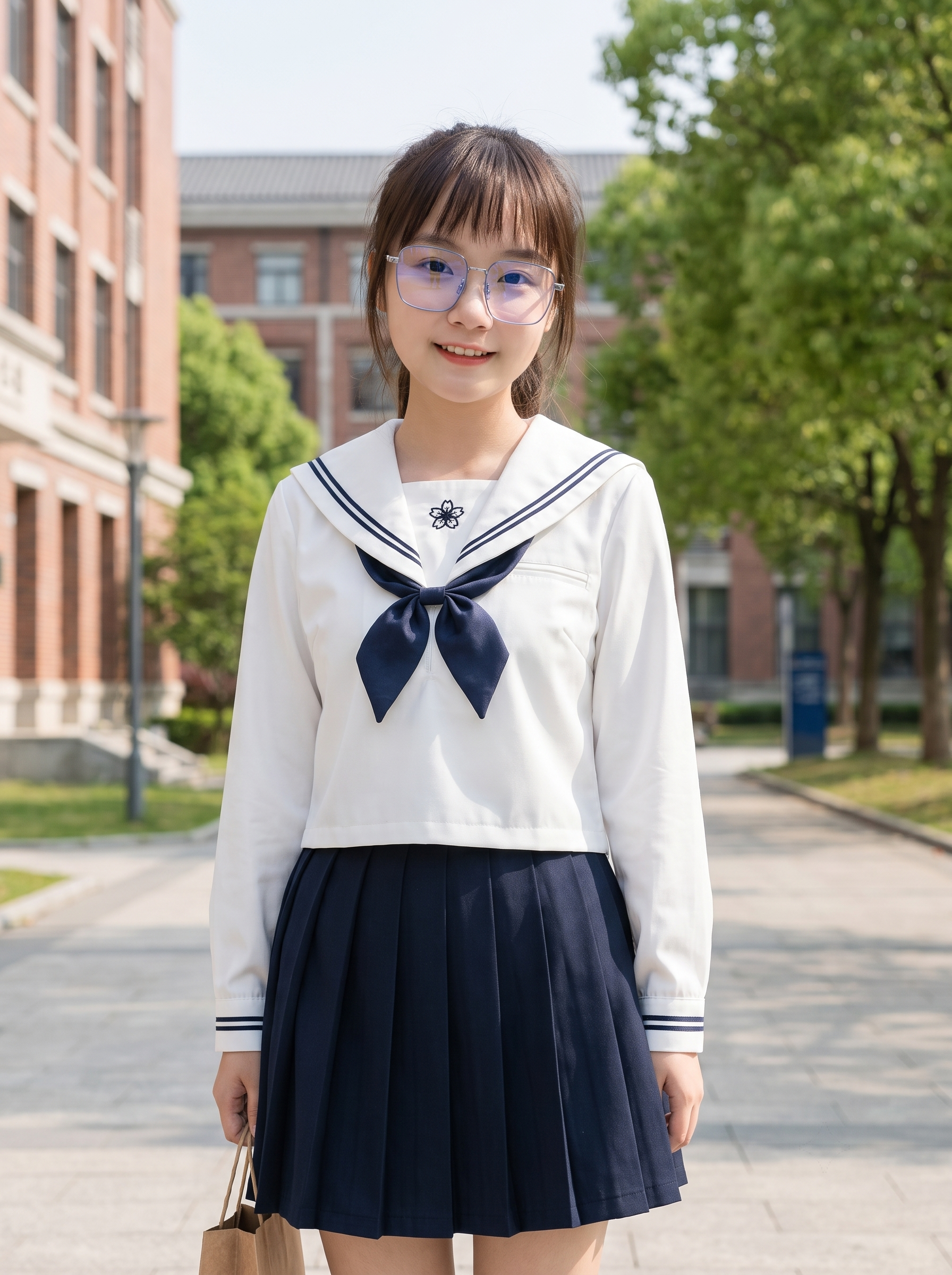 请将参考图1的【JK水手服套装（白色长袖水手领上衣+藏青色百褶… - 图片创意预览