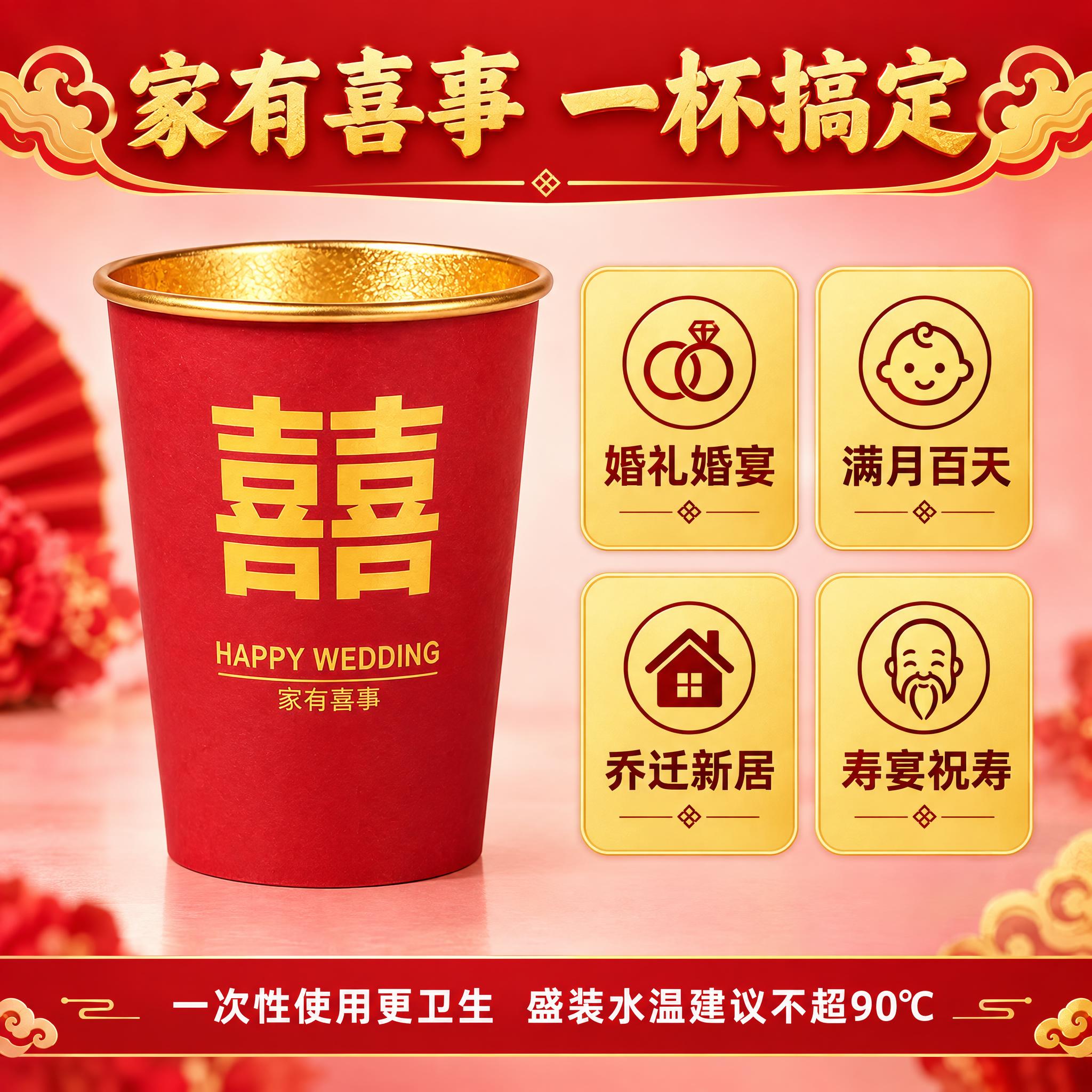 [主图-7] 金箔喜字纸杯使用安心与适用场景说明图，展示多场合… - 图片创意预览